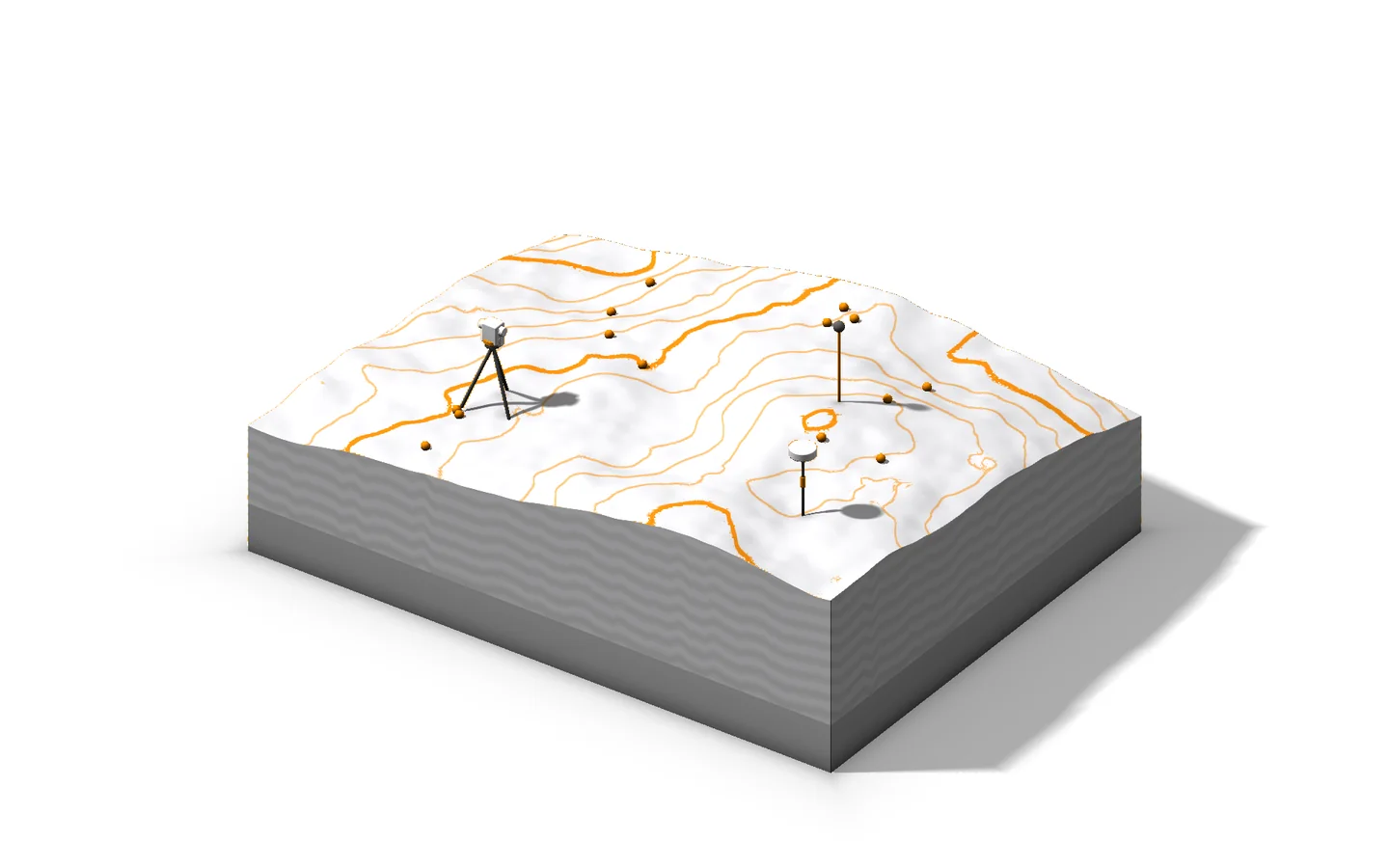 Ilustración de un terreno con curvas de nivel, estación total y receptor GNSS