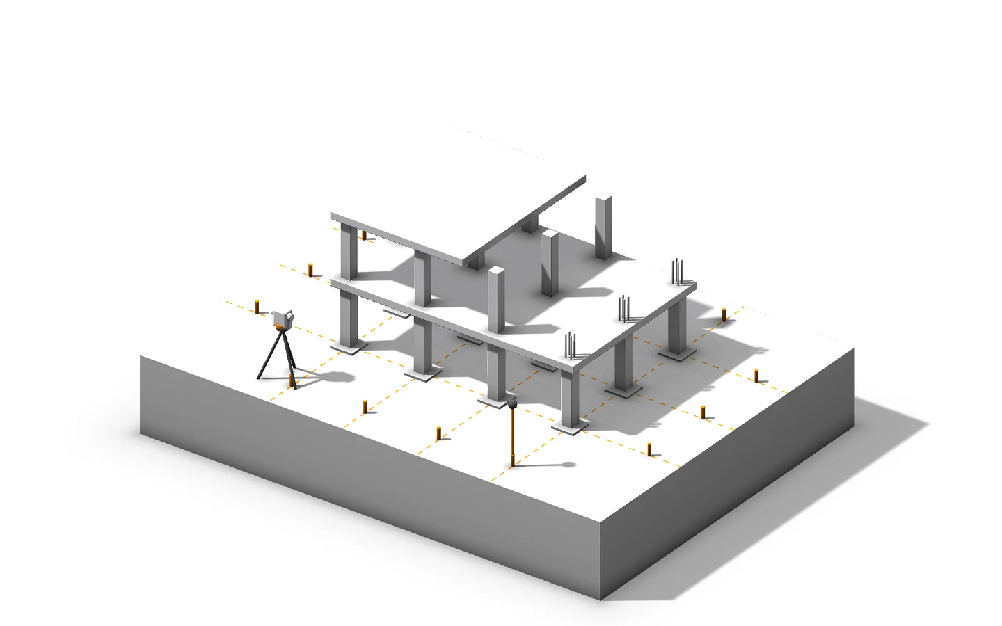 Ilustración de una estructura en construcción con ejes replanteados y estación total